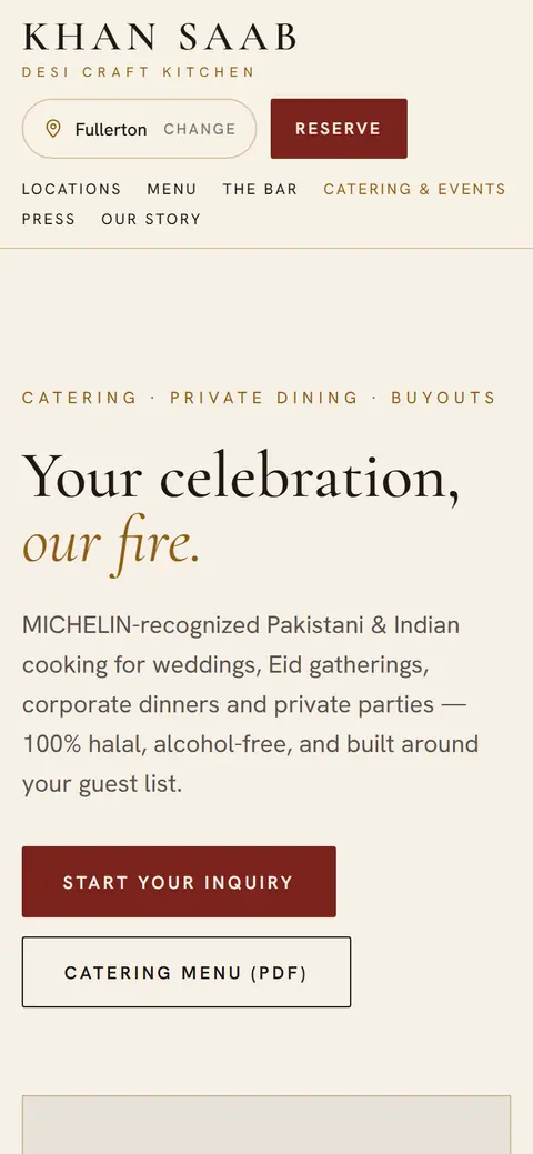 Khan Saab catering and events page, phone