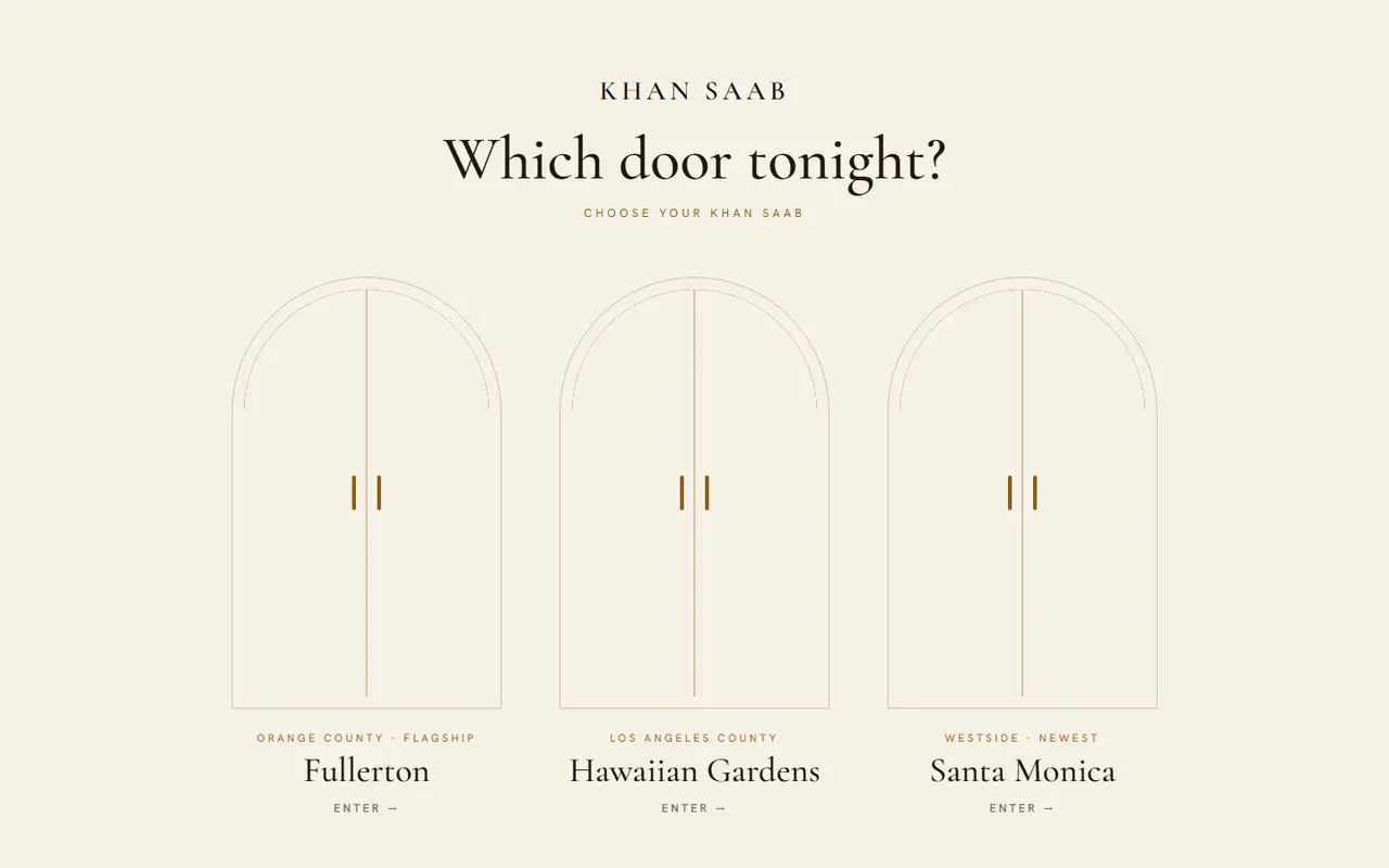 Three arched doors, one for each Khan Saab restaurant, desktop