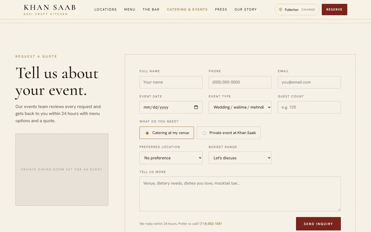 Catering inquiry form, desktop