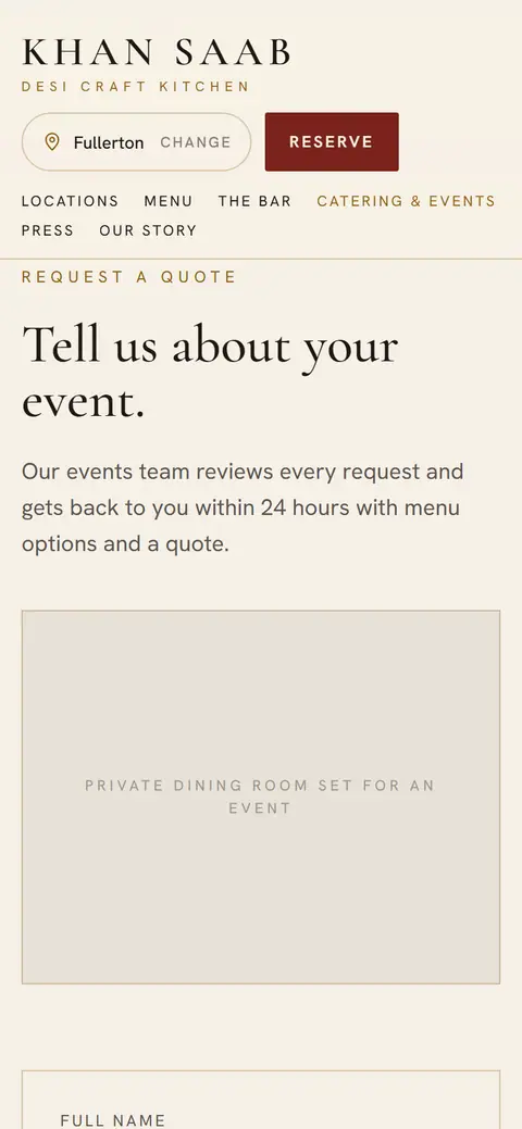 Catering inquiry form, phone