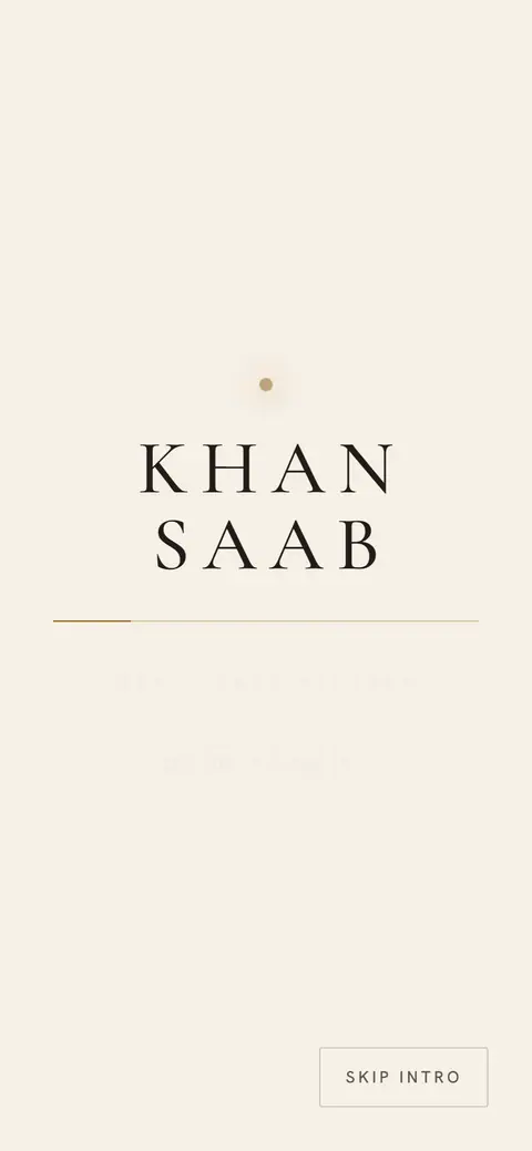 Khan Saab cinematic intro with the restaurant name and a loading line, phone