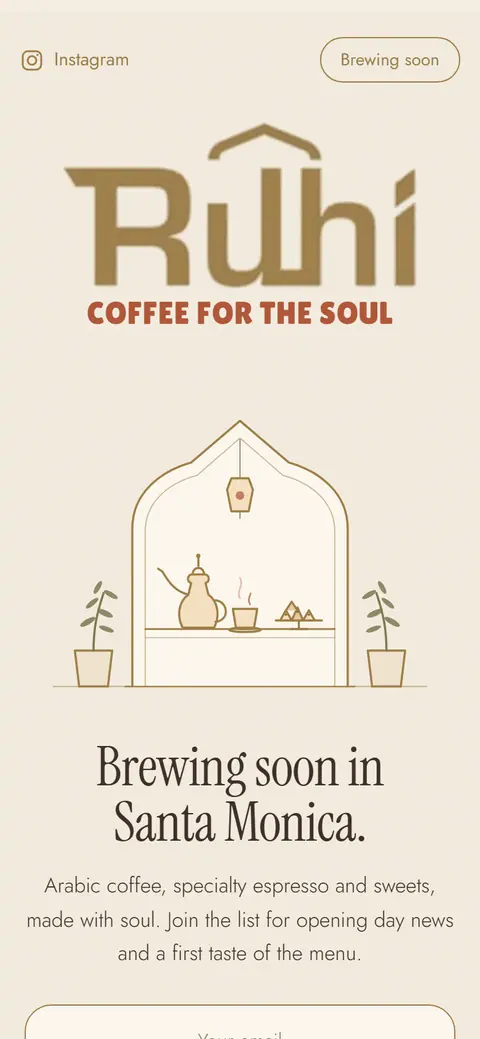 Ruhi Cafe launch page with the logo and an illustrated arch, mobile